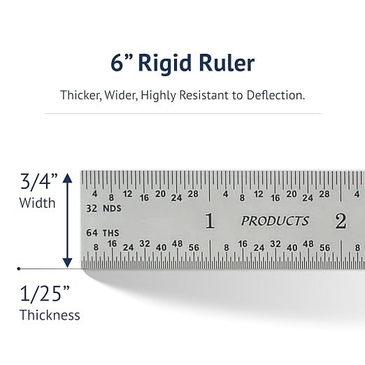PEC Tools 6" x 150mm Machinist Metal Ruler, 1/25" Thick X 3/4" Wide, Satin Chrome Finish Tempered Stainless Steel Ruler, Measurement Markings 1/32",1/64", 0.5mm, 1mm, Made in USA