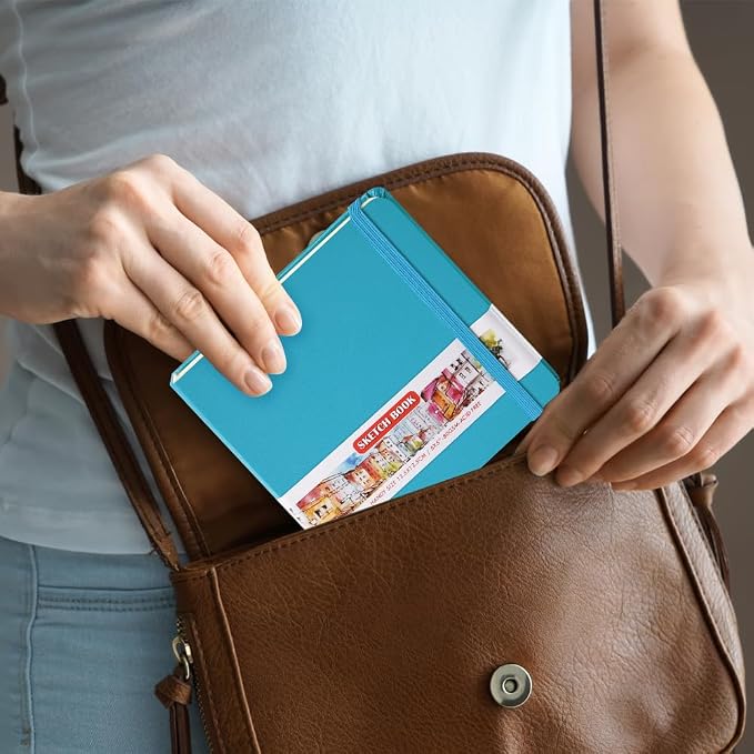5x5" Pocket Sketch Book,80gsm Hardcover Art Sketchbook for Drawing Journal | PU Cover,Blank Paper,96Sheets/192Pages,Lay-Flat,Portable Travel Creation Paint Diary Memo Planner,Dry Media.Lake Blue