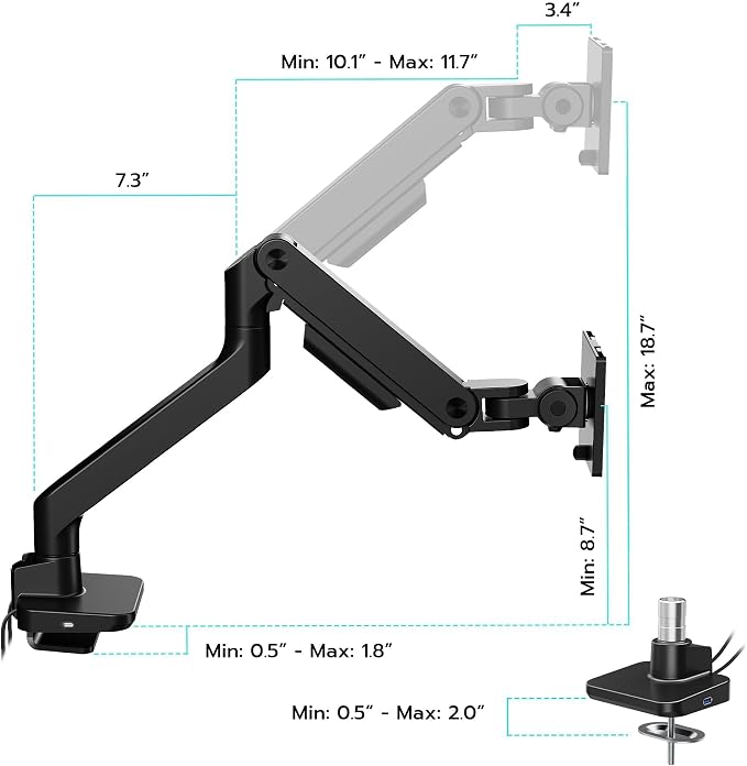ARES WING Ultrawide Monitor Desk Arm with USB A/C for 17 to 49 Inch Screen | Pro Gas Spring, Full Range of Motion, for 75/100 Vesa Mount, for Samsung, LG Curved/Flat Monitor, Easy Install, Hold 44lbs