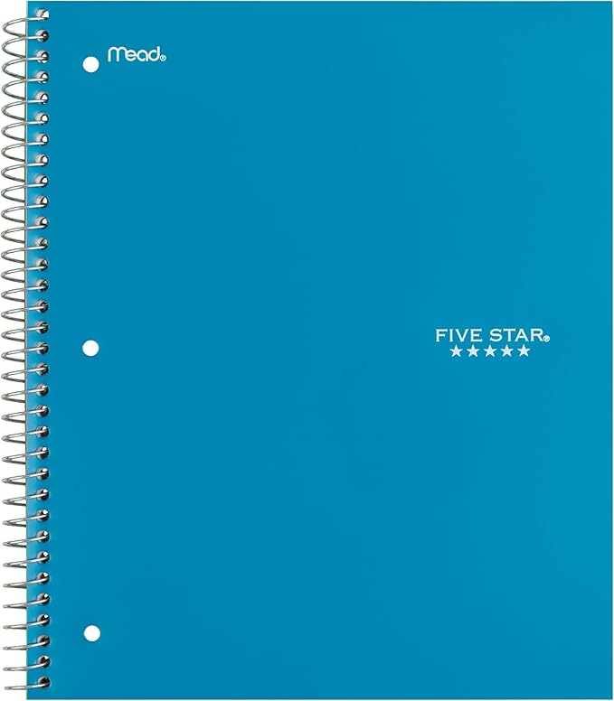 Five Star Spiral Notebook + Study App, 4 Count, 1 Subject, Wide Ruled Paper, 8" x 10-1/2", 100 Sheets, Fights Ink Bleed, Water Resistant Cover, Purple, Pink, Gray and Blue (930105-ECM) (Pack of 3)