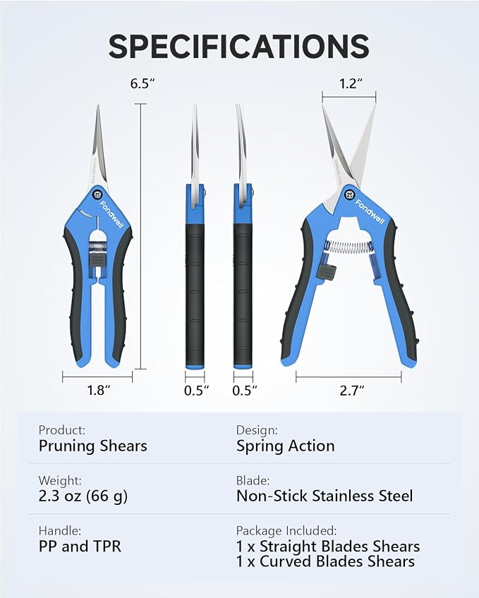 Fondwell 6.5" Small Pruning Shears Garden Snips Precision Trimming Scissors | 2-Pack Plant Scissors, Ultra-Sharp Micro-Tip Straight & Curved Blades, Fatigue-Free - for Flower, Bonsai, Detailed Gardening