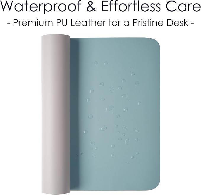 Leather Desk Pad Protector, Waterproof Mouse Pad, PU Desk Mat, Office Desk Cover, Desk Writing Mat for Office/Home/Work/Cubicle (Light Blue/Silver) 35.4x17 in