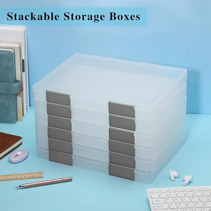 PerKoop 6 Pcs Clear Paper Storage Box,12.4 x 9.84 x 1.18 Inches,Gray | A4 Plastic File Box Document Paper Organizer Storage Board Game Project Cases Containers with Buckle for Craft, Magazine