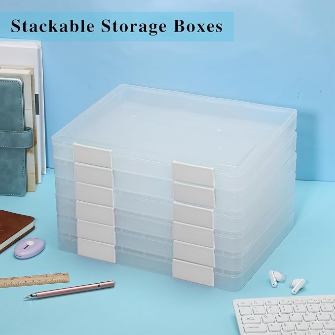 PerKoop 6 Pcs Clear Paper Storage Box,12.4 x 9.84 x 1.18 Inches,White | A4 Plastic File Box Document Paper Organizer Storage Board Game Project Cases Containers with Buckle for Craft, Magazine