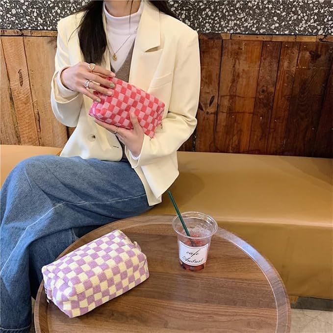 Checkered Makeup Bag for Purse, Small Travel Cosmetic Pouch,Purple,2 Pack | Cute Zipper Makeup Organizer for Women, Travel Essentials, Toiletries, Makeup Brushes, Beauty Accessories&Bridesmaid Gifts