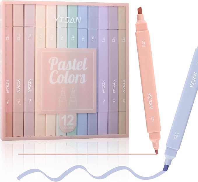 YISAN Pastel Highlighter Pens, 12 Colors | Double Tip, Bible Highlighter Markers, No Bleed, 70924