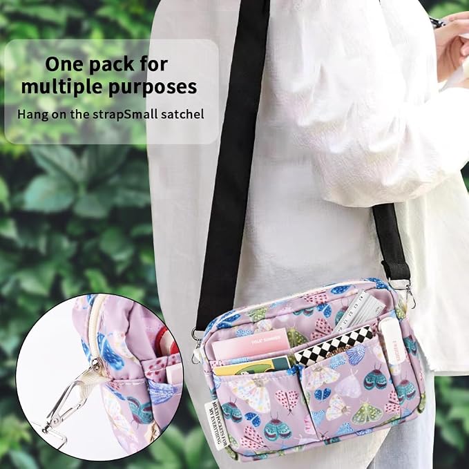 E-WEICHEN Multiple Pockets Portfolio Organizer with Zippered, Makeup Bag Travel Essentials for Women, Simple Waterproof Stationery Pencil Pouch Bag for Journal Office Art Supplies.Purple Moth