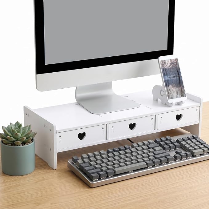 Tofficu Computer Monitor Riser with Drawer White Desk Shelf for Monitor and Keyboard Storage Rack Office Desk Organizer for Laptop Stand Riser for Home Office