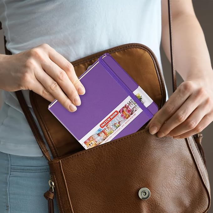 5x5" Pocket Sketch Book,80gsm Hardcover Art Sketchbook for Drawing Journal | PU Cover,Blank Paper,96Sheets/192Pages,Lay-Flat,Portable Travel Creation Paint Diary Memo Planner,Dry Media.Purple