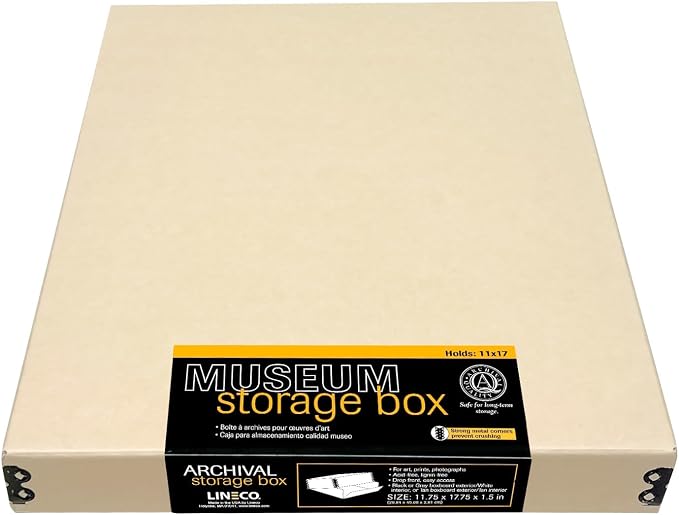 Lineco Museum Archival Storage Box, Drop Front, 11.75x17.75x1.5 in, Tan | Acid-Free with Metal Edge, Preserves Picture Longevity, Organize Photos, Newspapers, Prints, Documents, Crafts, DIY