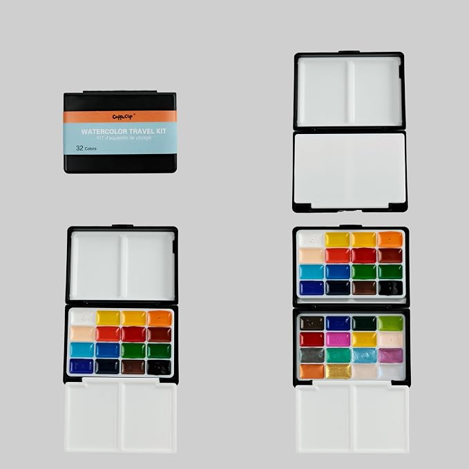 Watercolor Travel Kit, 32 Colors Watercolor Paint Set with 3-in-1 100% Cotton Watercolor Sketchbook, Water Brush, Sponge & Clip, Plein Air Painting Set for Artists (32 Colors)
