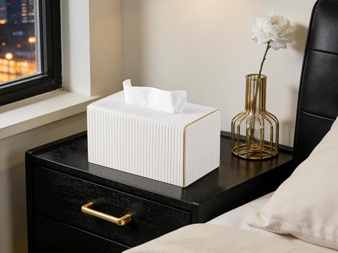 Extra Large Rectangle PU Leather Tissue Box Cover with Magnetic Closure, Decorative Tissue Holder & Storage Container for Bedroom, Living Room, Dining Room, Bathroom, Countertop, Desk & Office (White)