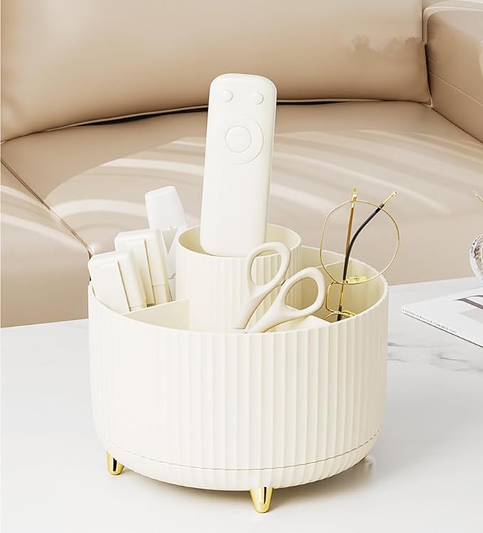 Desk Pencil Pen Holder 5 Slots 360°Degree Rotating Pen Organizers for Desk Desktop Storage Stationery Supplies Organizer Cute Cup Pot Kids Desk Organizer for Office Home School(Cream2)