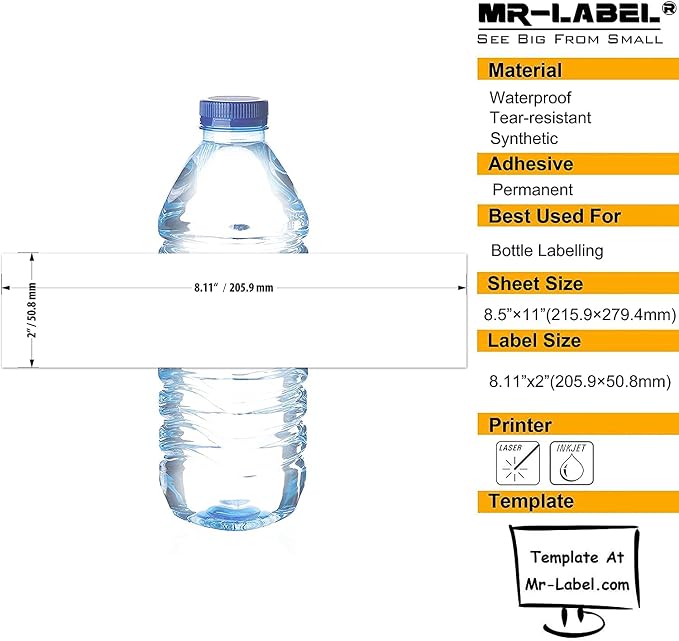 Mr-Label 8.11"×2" Waterproof Matte White Water Bottle Labels – for Inkjet/Laser Printer – Self-Adhesive Wraparound - for Wedding|Baby Shower|Corporate Event (25 Sheets Total 125 Labels)
