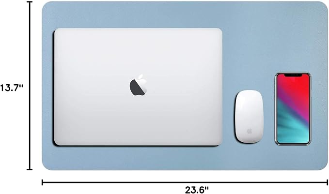 Leather Desk Pad Protector, Waterproof Mouse Pad, PU Desk Mat, Office Desk Cover, Desk Writing Mat for Office/Home/Work/Cubicle (Light Blue/Silver) 23.6x13.7 in