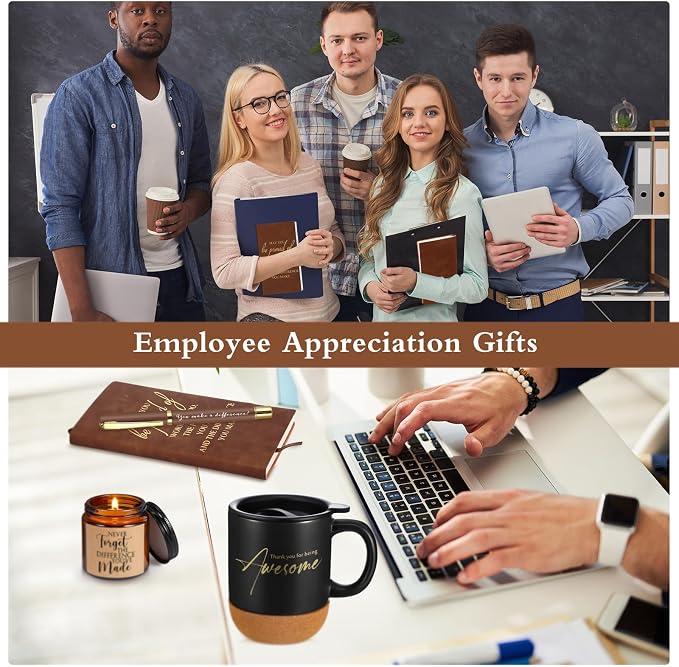 Sayglossy 4 Pcs Thank You Gifts Set for Men Back to School Teacher Appreciation Gift Leather Notebook Inspirational Coffee Mug Scented Candle Ballpoint Pen for Male Employee Coworker Nurse Boss, Brown