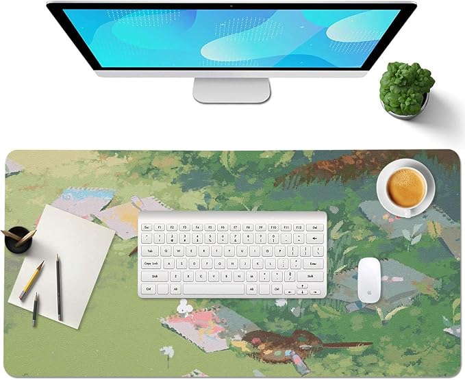 Cute Kawaii Cat Green Large Mouse Pad, PU Leather Desk Pad Protector, Non-Slip Computer Desk Writing Mat, Gaming Keyboard Mouse Pad, Office Desk Accessories
