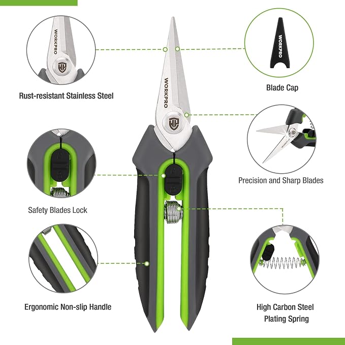 WORKPRO 2 Pack Garden Pruning Shears, 6.5" Small Hand Pruners with Sheath | Sharp Straight Blades, Spring Loaded Design, Precision Microgreen Trimming, Ideal for Flowers, Weeds & Bonsai