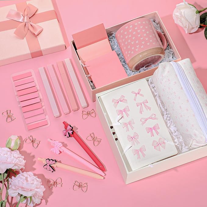 Reallnaive 25 Pcs Pink Bow Gift Set, Coquette Aesthetic School Supplies Gift with Mug, Notebook, Tote Bag, Pens, Highlighters, Stickers & Pencil Pouch, Cute Back to School Gifts for Girl, Women
