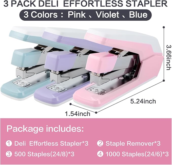 Deli Stapler, Effortless Staplers for Desk, 3 Pack, 3 Colors | 40-50 Sheet Capacity Heavy Duty, One Touch, No Effort, Easy to Load, With 4500 Staples & Staple Removers