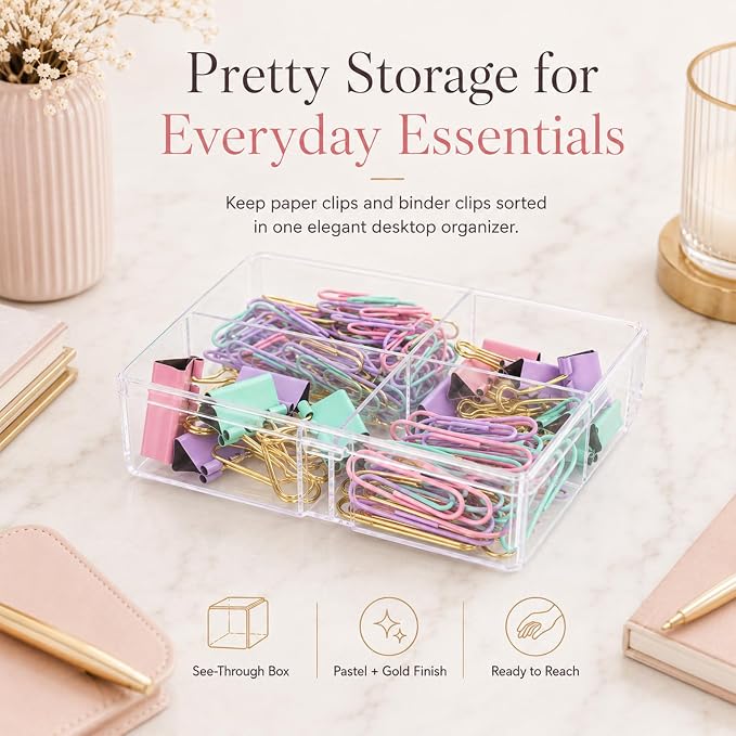 Pastel Paper Clips Binder Clips Set with Storage Box, 165 Psc, Assorted Size Decorative Office Clips, Cute Desk Accessories for School, Home Office, Planner, Journal and Documents