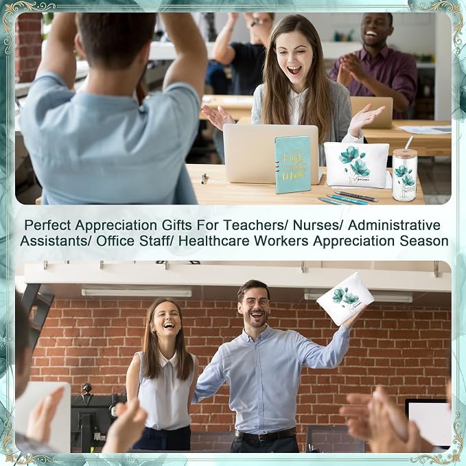 Funnymoom 6 Pcs Appreciation Gifts Set for Women Back to School Teacher Gifts Employee Thank You Gift with 17 oz Glass Tumbler Journal Pens and Pouch for Coworkers Educators,Floral,Green