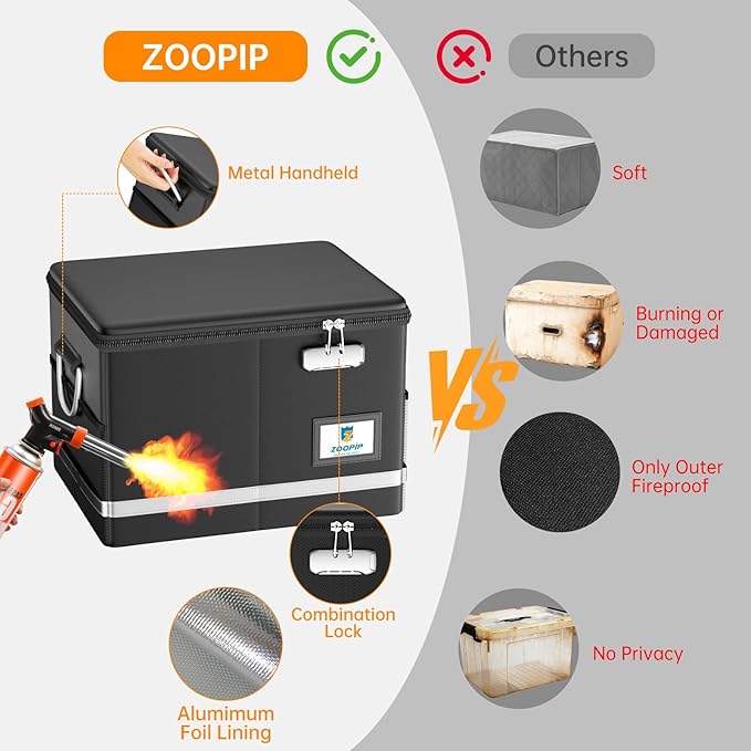 5200°F Fireproof Document Box, Foldable File Organizer with Lock | Fits Hanging Letter Legal Folders, Portable Home Office Travel Safe Storage, for Important Paper, Large Capacity, Black