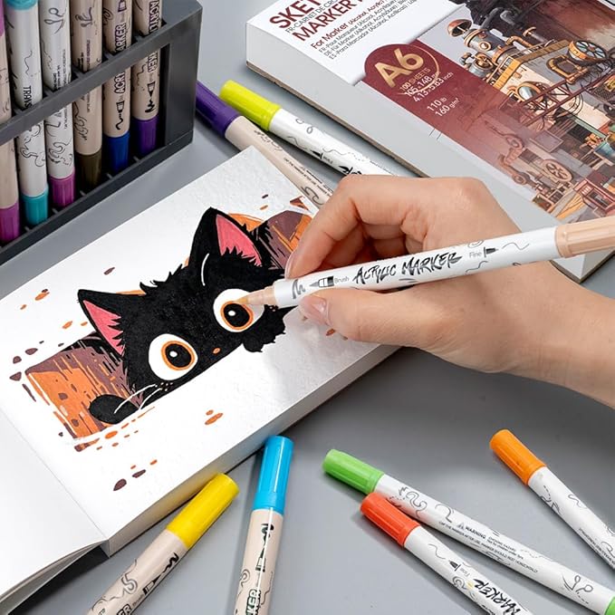 TRANSON A6 Mini Sketchbook Marker Pad, 110lb/160gsm Heavyweight Art Paper, No Bleed Through, 100 Sheets/200 Pages 4.13"x5.83" for Drawing & Sketching