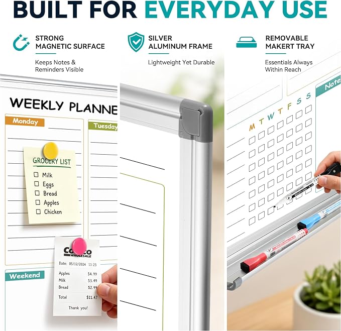 Weekly Dry Erase Calendar Whiteboard with Corkboard, 36" x 24", Silver | Magnetic, White Board Cork Board Combo, Double Sided, Wall Mounted, Aluminum Frame, for Home, Office, Kitchen, Dorm
