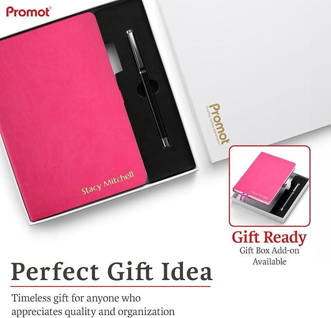 Promot PU Leather Ruled Journal Notebook- Custom Gold Metallic Text (Pink) | Premium Leather-Look Cover, Smooth Lined Writing Pages, Durable Everyday Construction, Lay-Flat Writing Experience