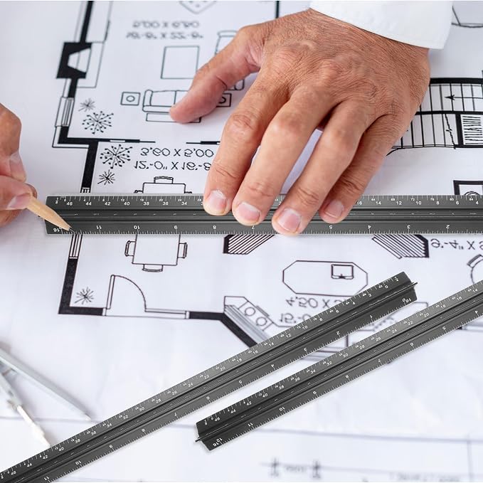 10 Pcs Architectural Scale Ruler 12" Imperial Architect Engineers Scale Triangular Ruler Aluminum Alloy Metal Triangle Drafting Rulers Measuring Tools for Architect Engineer Draftsman Artists (Black)