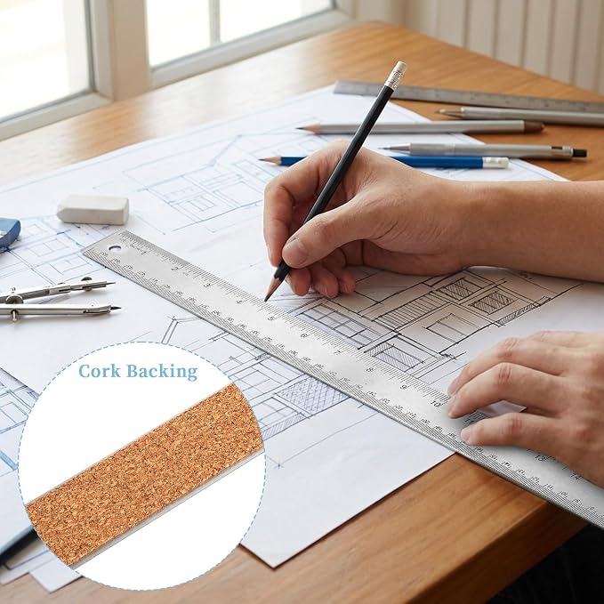 Metal Ruler 18 Inch - Stainless Steel Metal Ruler with Cork Backing Non-Slip Rulers with Inch and Centimeters Prevent Ink Leakage for School Office Drawing Engineering Tools