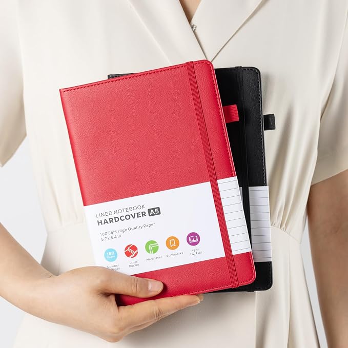 FOCUS DAY 2 Pack Notebooks Journals for Women/Men Work Writing, A5 Leather Diary Notebook with Pen Loop, 100GSM Lined Paper, Inner Pocket, for Gift, Office, School Supplies