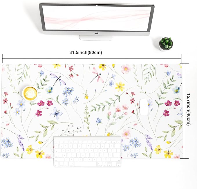 Colorful Star Floral Waterproof Office Desk Mat, 31.5" x 15.7" | Non-Slip Large Computer Gaming Mouse Pad, XXL PC Laptop Protector Pads, PU Leather Desk Writing Pads for Office Home