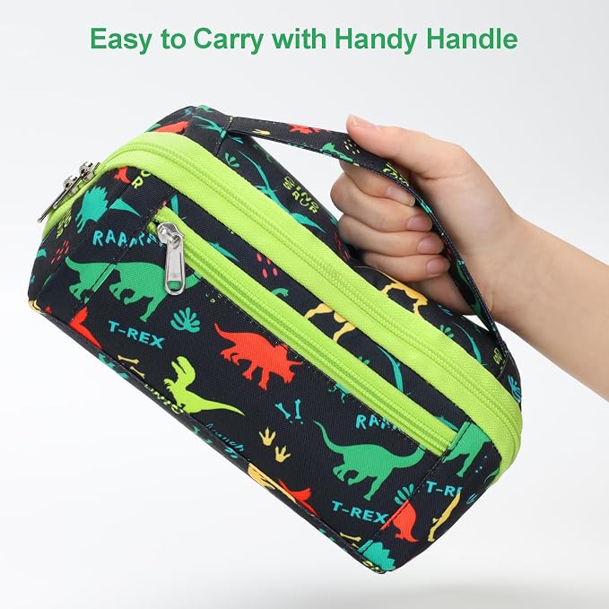 Large Pencil Case for Boys, Durable Kids Pencil Pouch for School, Wide Opening Soft Bag with Handle, Fits 50 Pens & Markers (Black Dinosaur) | Kids Pencil Case & Wide Handle, Water Resistent Organizer Box, Fits 50 Pens & Markers, Daily Use, Black Dinosaur