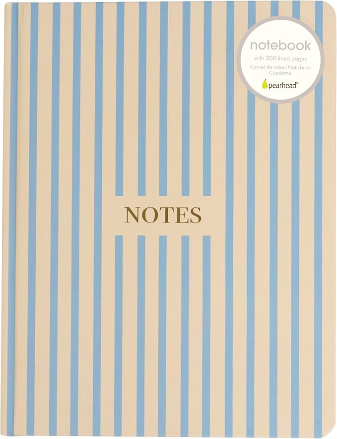 Pearhead Hardcover Journal Notebook 6x8 – Cream & Blue Stripe College-Ruled Writing Journal, 200 Lined Pages for Work, School & Journaling