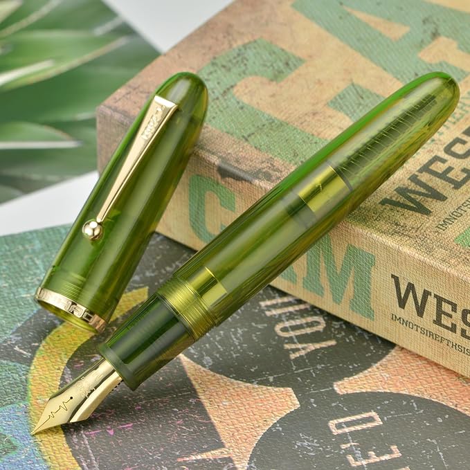 Jinhao 9019 Fountain Pen Dadao Series Heartbeat Nib, #8 Medium Point Green Acrylic Gold Trim with Large Converter