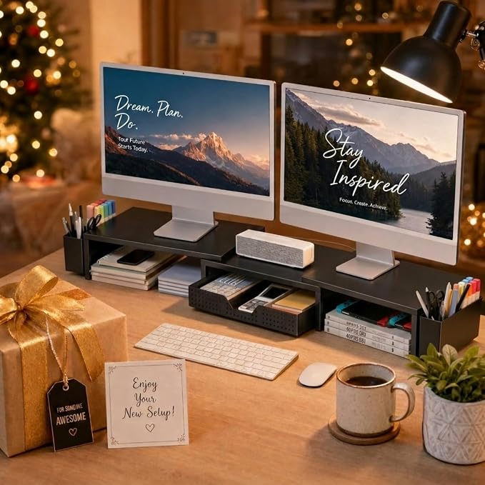 OPNICE Desk Organizers and Accessories, Dual Monitor Stand Riser with Drawer and 2 Pen Holders, Desk Shelf Metal Computer Racks for Office Workspace Organizers, Desktop Organization (Black Metal)