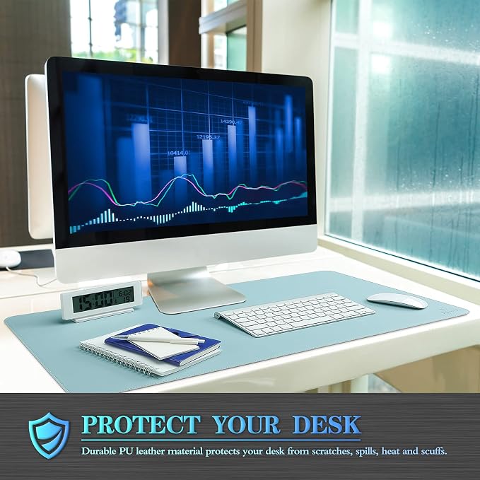 K KNODEL Small Sewing Leather Desk Mat, Desk Pad (Light Blue, 23.6"x13.8") | Mouse and Keyboard Pad, PVC Computer and Laptop Mat, Desktop Protector and Cover, Writing Pad and Blotter for Home Office