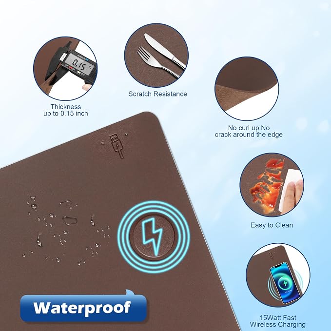 Wireless Charging Desk Mat, Mouse Pad, Brown-R, 36x17 inch