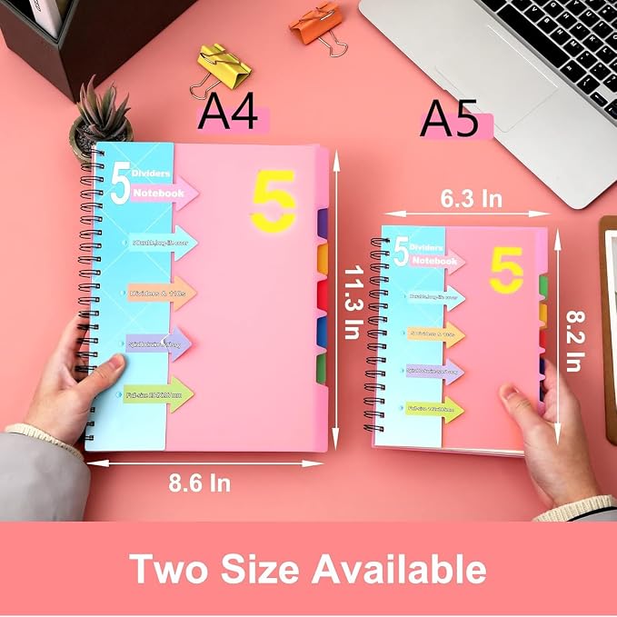 CAGIE 2 Pack 5 Subject Notebook, Small Spiral Notebook with Tabs | 6.1'' x 8.2'', A5 Spiral Notebooks College Ruled for Women, 240 Pages Note book for School Note Taking, Pink