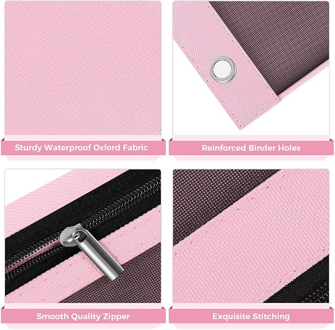 SKYDUE Pencil Pouch for Binder, Pencil Case, 3 Ring Binder Pencil Pouch with 3 Pockets and Mesh Window, Zipper Pencil Pouch, Durable Organizer for School Supplies, Cables, Earbuds, Makeup, Pink