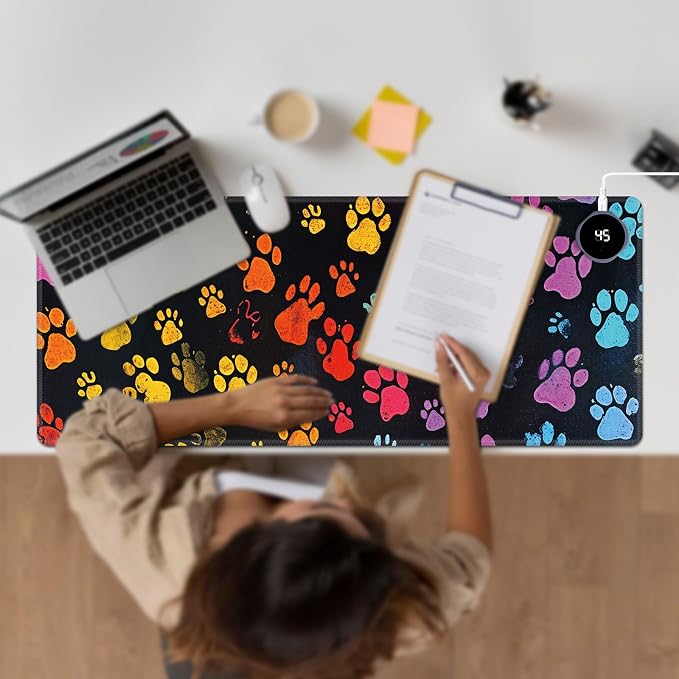 Heated Desk Pad Large Mouse Pad 31.5 x 13 inch with 3 Levels Heating & Auto Shut-Off Warm Mouse pad PU Leather Computer Mousepad for Home Office Work - Colorful Dog Paw