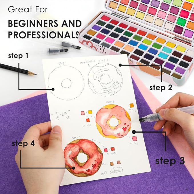 Grabie 100 Colors Watercolor Paint Set - 50 Regular, 35 Metallic, 10 Macaron and 5 Fluorescent Colors - Portable with Carrying Case, Water Brush Pens, and Accessories - For Beginners and Professionals, Set of 100