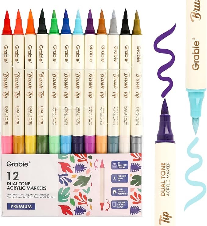Grabie 24 Colors Acrylic Paint Markers, 12 Pack Dual Tip Soft Brush Acrylic Markers, Water-Based Paint Pens for Paper, Rock Painting, Wood, Glass, Canvas, DIY Craft Art Supplies for Adult & Kids