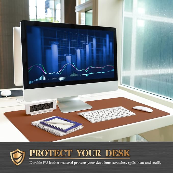 K KNODEL Large Sewing Leather Desk Mat, Desk Pad (Brown, 35.4" x 17") | Mouse and Keyboard Pad, PVC Computer and Laptop Mat, Desktop Protector and Cover, Writing Pad and Blotter for Home Office