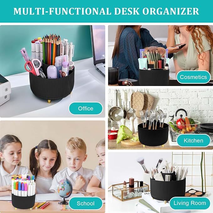 SAYEEC Rotating Pen Holder 5 Slots Desk Organizer with Adjustable Phone Stand Black Makeup Brush Holder Organizer Cute Pencil Cup Pot Art Supply Storage Box Caddy for Office School Vanity Bathroom