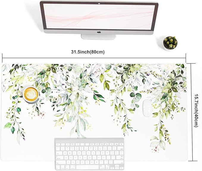Colorful Star Green Leaves Waterproof Office Desk Mat, 31.5" x 15.7" | Large Non-Slip Gaming Mouse Pad, XXL PC Laptop Protector Pads, PU Leather Desk Writing Pads for Office Home