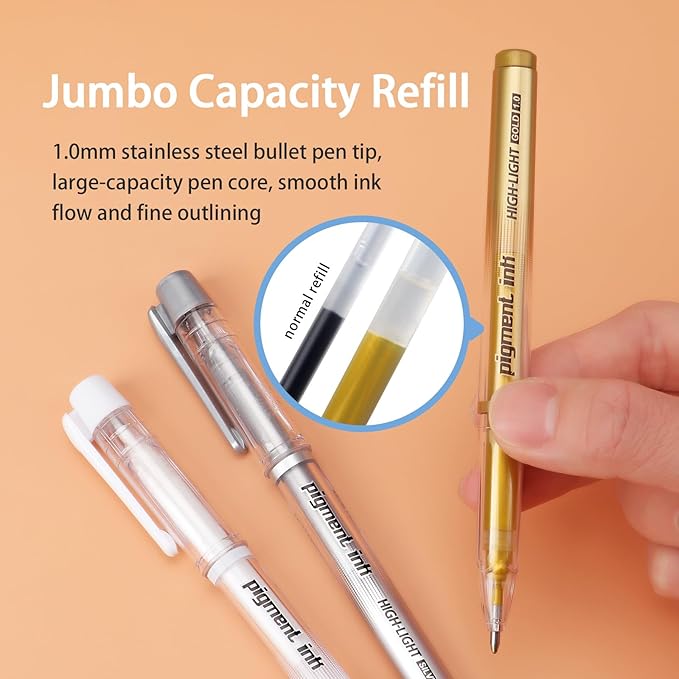 Gold Silver White Ink Gel Pens, 1mm Medium Fine Point, Opaque archival Ink Pen for Dark Paper Drawing,Sketching, Illustration, Card Making, Bullet Journaling (Assorted Color- 3 Packs)