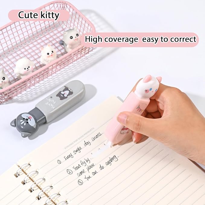 4-Count Cute Cat Correction Tape, Retractable Tape for School & Office | Cute cat design with smooth application and tear-resistant tape, perfect for correcting notes, homework and office documents.
